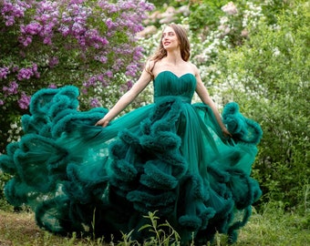 Emerald Green Wedding Dress For Brida, Tulle Dress, Flying Dress, Fairytale Gown, Dress For Photoshoot, Ruffle Evening Gown,Adult Tutu Dress