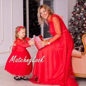 Mother Daughter Matching Christmas Party Dress, Baby Christmas Outfit, Winter Style Gifts, Red Tulle Mommy And Me Holiday Dress, Photoshoot
