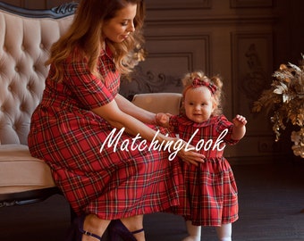 Plaid Matching Christmas Outfits for mother and Daughter - Christmas Matching red tartan dresses