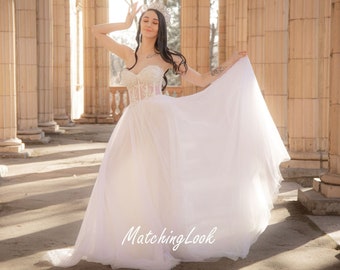 White Wedding Dress, Lace Glamorous Wedding Dress With Corset, Wedding Photoshoot Dress, Boho Wedding Dress, Tulle Wedding Dress, Reception
