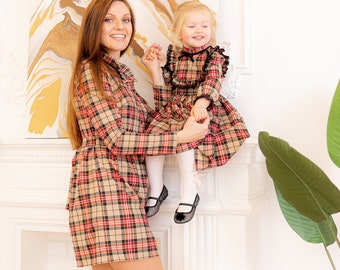 Beige Plaid Mommy And Me Dress, Mother And Daughter Matching Dresses, Family Photoshoot Dress, Matching Outfits, Mommy And Me Clothes