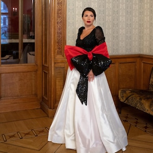 Evening Gown, White Red Prom Dress With Detachable Big Bow, Couture Dress, Gala Gown, Black Tie Dress, Formal Womens Dresses, Occasion Dress