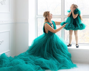 Mommy And Me Dresses For Photoshoot, Emerald Green Tulle Ball Gown, Girls Formal Dress, Mother Daughter Matching Tulle Dress, Evening Gown