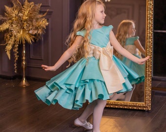 Teal Flower Girl Dress, Baby Girl Special Occasion Dress, Toddler Formal Dress, Twirl Dress, Birthday Dress, Asymmetrical Dress, Elegant