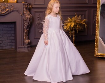 Girl Satin Dress, Special Occasion Dress, Flower Girl Dress, Girl Princess Dress, Long Sleeve Dress, Formal Dress, Toddler Gown Dress