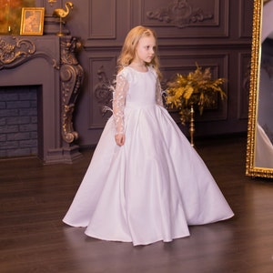 Girl Satin Dress, Special Occasion Dress, Flower Girl Dress, Girl Princess Dress, Long Sleeve Dress, Formal Dress, Toddler Gown Dress