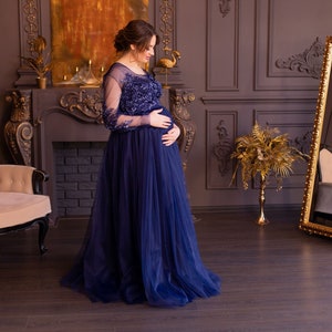 Granatowa sukienka ciążowa, sukienka na baby shower, długa sukienka koronkowa, tiulowa sukienka ciążowa do sesji zdjęciowej, suknia ciążowa, suknia ciążowa, bal