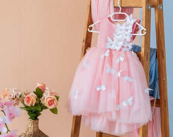 Pink Butterfly Dress, Blush Toddler Dress, 1st Birthday Dress, Summer Tutu Dress, 1st Communion Dress,Flower Girl Dress,Fairy Princess Dress