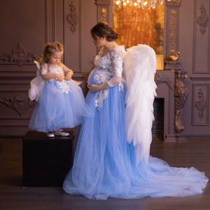 Mother Daughter Matching Dress, Baby Girl Dress, Matching Mommy And Me Outfit, Angel Wings Dress, Tulle Dress For Photoshoot, Maternity Gown