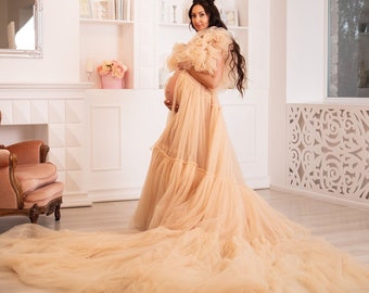 Beige Maternity Tulle robe, Boudoir Photoshoot Dress, Maternity Tulle Gown, Pregnancy Boudoir Robe, Long Bridal Robe, Engagement Photoshoot