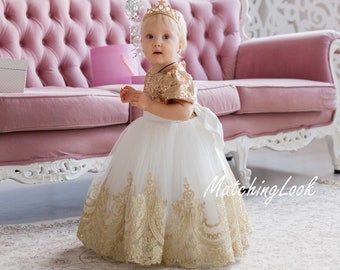 Gold Baby Dress, Princess Girl Dress, Baby Girl Tutu Dress, Baby Girl Lace Dress, Summer Baby Dress, Wedding Baby Dress, Princess Tutu