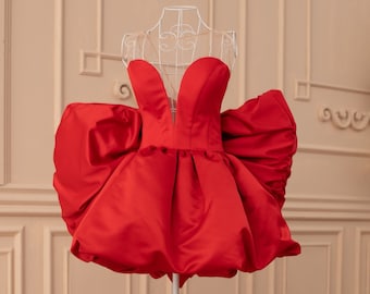 Mini Valentine's Day Dress, Red Wedding Dress, Red Reception Dress, Cocktail Dress, Prom Dress With Bow, Bridesmaid Dress,Second Bridal Gown