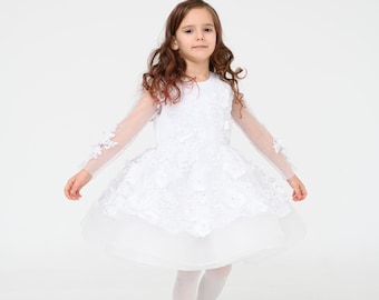 White Baptism Dress, Christening Toddler Dress, 3D Lace Dress, Baby Blessing Dress, Communion Gown, Puffy Formal Dress, Confirmation Dress