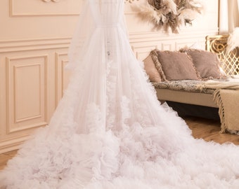 White Bridal Tulle Robe, Bridal Shower Cape, Maternity Robe For Photoshoot, Boudoir Tulle Gown, Wedding Robe, Long Sheer Cape, See Through