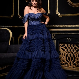 Navy Maxi Ball Gown, Long Prom Dress, Tiered Black Tie Dress, Formal Tulle Gown, Graduation Dress, Gala Gown, Photoshoot Dress, Masquerade