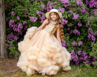 Girls Tulle Dress, Long Ruffle Tulle Dress, Toddler Champagne Party Dress, Quinceanera Dress, Frilled Tutu Dress, Maxi Flower Girl Gown