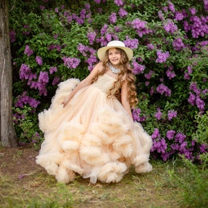 Bloemenmeisje jurk, peuter meisjes Tule jurk, lange Ruffle Tule jurk, Kids trouwjurk, peuter Champagne feestjurk, Frilled Tutu jurk afbeelding 1