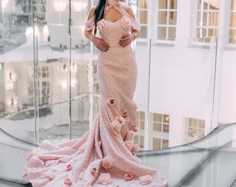 blush pink mermaid wedding dress Charming Sweetheart Sleeveless Long Mermaid Wedding Dress with Appliques