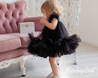 Black Flower Girl Dress, Black Toddler Tulle Dress, Black Baby Tutu Dress, Formal Dress, Birthday Dress 1 Year Old, Elegant Dress For Girls