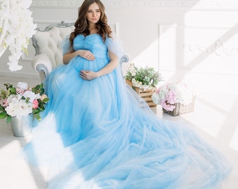 Royal Blue Maternity Dress for Photoshoot, Robe for Baby Shower, Maxi  Transparent Wedding With Train, Ruffles Tulle Dress for Pregnancy Gown -  Etsy
