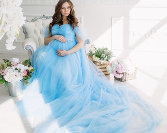 Gender Reveal Dress For Mom, Tulle Maternity Dress, Blue Maternity Dress For Baby Shower, Pregnancy Dress Photoshoot, Maternity Photo Props