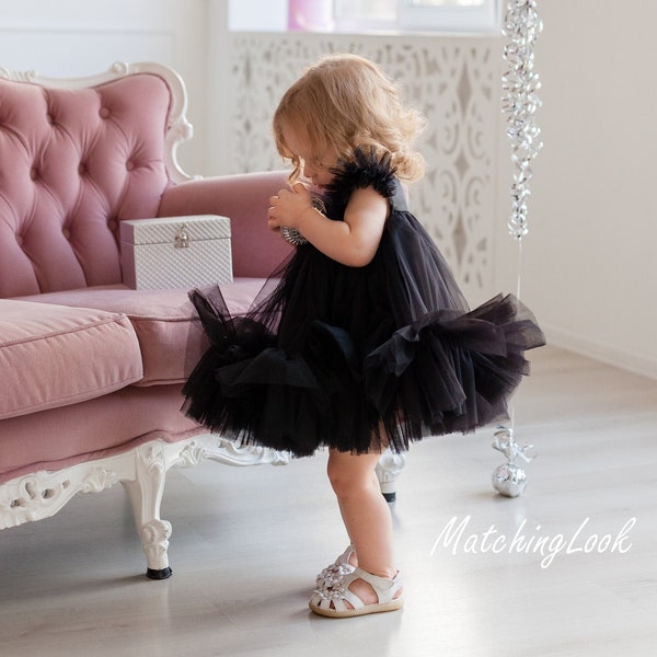 Black Flower Girl Dress, Black Toddler Tulle Dress, Black Baby Tutu Dress, Formal Dress, Birthday Dress 1 Year Old, Elegant Dress For Girls