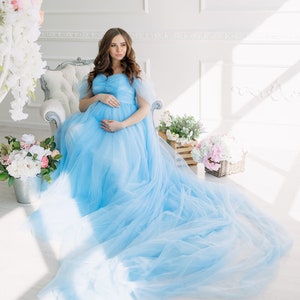 Gender Reveal Kleid für Mama, Tüll Umstandskleid, Blaues Mutterschaftskleid für Babyparty, Schwangerschaftskleid Fotoshooting, Mutterschaftsfoto-Requisiten