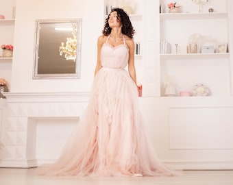 Blush Pink Tulle Wedding Dress With Corset - Tulle Maxi Engagement Gown Ideal For Bridesmaid or Wedding Guest Dress - Evening Summer Dress