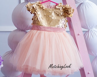 Gold Baby Tutu Dress, First Birthday Dress, Girl Birthday Outfit, Tutu Dress, Gold Sequin Dress,Gold and Pink Dress, Flower Girl dress