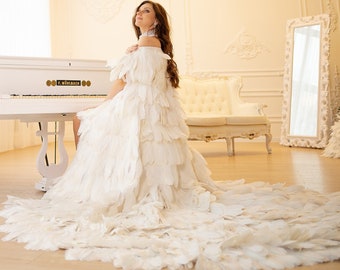White Feather Cape, Maternity Photoshoot Robe, White Swan Dress