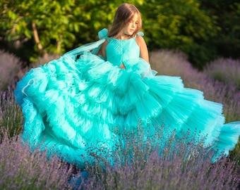 Pageant Dresses For Little Girls Summer Style Photoshoot Gown - Toddler Fancy Dress - Couture Teal Junior Bridesmaid Dress or Flower Girl