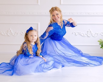 Mom and Toddler Matching Outfit, Blue Maxi Dress, Mother Daughter Matching Dresses, Lace Gown Dress, Mommy and Me Dress, 1st Birthday Dress