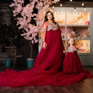 Mommy And Me Maternity Dress, Dark Red Tulle Gown, Pregnancy Gown For Photoshoot, Mother Daughter Matching Dress, Boudoir Dressing Gown
