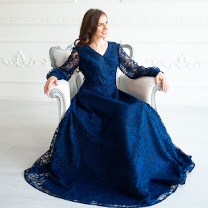 Maxi Mother Of The Groom Lace Dress, Navy Blue Wedding Guest Dress, Long Sleeve Mother Of The Bride Gown, Plus Size Clothing, Maid Of Honor