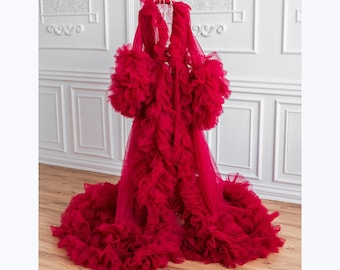 Rote Witwe Tüll Robe Für Boudoir Fotoshooting - Hollywood Tüll Robe Dramatische Luxus Kleid Umstandsmode Schiere Rüschen Robe - Burlesque Kleid