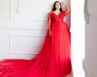 Rotes Schwangerschaftskleid, Umstandskleid, Fotoshooting-Kleid, Boudoir-Bademantel, rote Tüll-Robe, dramatisches Kleid, Burlesque-Kleid, Übergröße