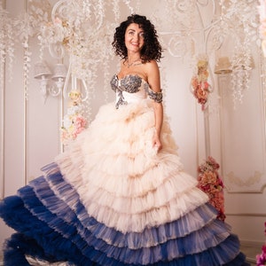Ombre Blue Wedding Dress, Couture Wedding Gown, Tulle Tiered Dress, Quinceanera Dress, Champagne Blue Layered Dress, Engagement Photoshoot
