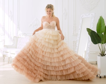 Champagne Ombre Wedding Dress, Tulle Tiered Gown, Beach Wedding Dress, Bridal Tutu Dress, Puffy Tulle Dress, Layered Prom Dress, Photoshoot