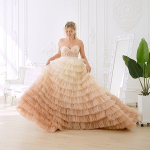 Champagne Ombre Wedding Dress, Tulle Tiered Gown, Beach Wedding Dress, Bridal Tutu Dress, Puffy Tulle Dress, Layered Prom Dress, Photoshoot image 1