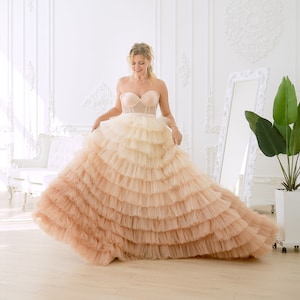 Champagne Ombre Wedding Dress, Tulle Tiered Gown, Fall Style Wedding Dress, Bridal Tutu Dress, Puffy Tulle Dress, Layered Prom Dress
