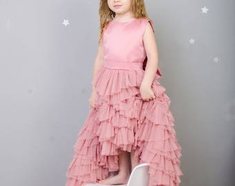 Flower girl dusty rose tutu tulle dress, pageant train dress, princess dress, birthday dress  wedding dress first communion pink dress