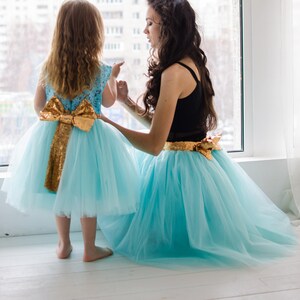Vestido mamãe e eu, vestido tutu de bebê, vestido azul-petróleo elegante, vestido mãe e filha combinando, roupas combinando, vestido de sessão de fotos, vestido de aniversário