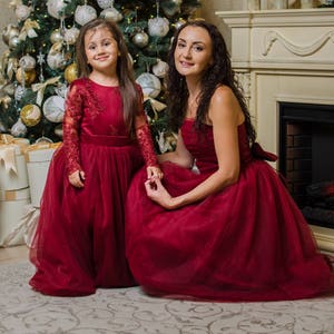 Burgundy Tulle Mother Daughter Dresses, Matching Formal Outfit