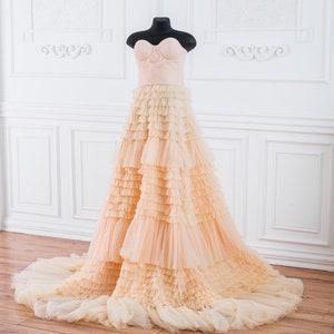 Tiered Tulle Gown, Corset Wedding Dress, Beige Bandeau Dress, Photoshoot Dress, Evening Gown, Champagne Maxi Dress, Wedding Guest Dress