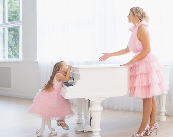 Pink Mommy And Me Dresses For Photoshoot, Mother Daughter Formal Tulle Matching Dress, Women's Occasion Dresses, 1st Birthday Girl Dress