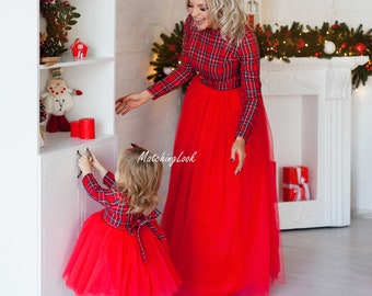 Mommy And Me Christmas Dress, Holiday Outfit, Mother Daughter Matching Dress, Christmas Photography, Red Tartan Dress, Plaid Matching Dress