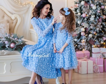 Mommy And Me Formal Dress, Mother Daughter Matching Dress, Spring Clothing, Blue Tutu Dress, Matching Wedding Outfit, Girls Birthday Dress