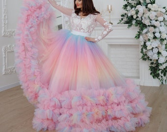Halloween Costume, Tie Dye Wedding Skirt Separates, Colorful Bridal Skirt, Ombre Tulle Skirt With Flounce, Wedding Bridal Gowns & Separates