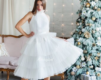 White Tulle Dress Women, White Party Dress, Photography Dress, Formal Halter Dress, White Cocktail Dress, Midi Open Back Dress, Minimalist