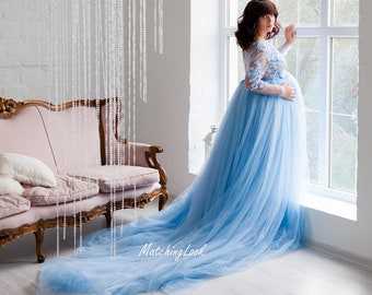 Maternity Dress For Photo Shoot, Blue Maternity Gown, Pregnancy Dress For Baby Shower, Gender Reveal Dress, Maternity Photo Props, Lace Gown